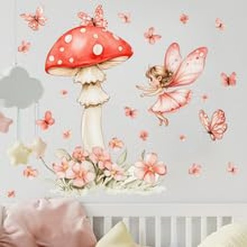 DRWSSR 2 Sheets Removable Cute Mushroom Fairy Wall Decals DIY Green Plants and Flower Wall Decals Peel and Stick Pink Butterfly Decal for Girls Home Nursery Bedroom Bathroom Decor