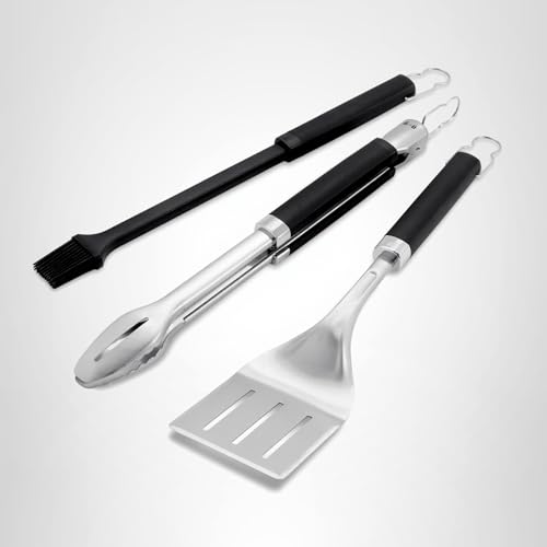 Weber Precision 3‑Piece Grilling Tool Set – Stainless Steel Tongs, Spatula & Silicone Basting Brush with Non‑Slip Handles and Hands‑Free Locking
