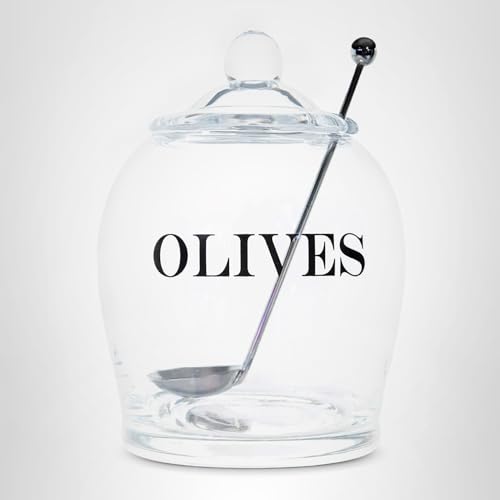 Creative Co-Op Clear Glass "OLIVE" Jar with Lid & Slotted Stainless Steel Spoon (Set of 3 Pieces including Lid)