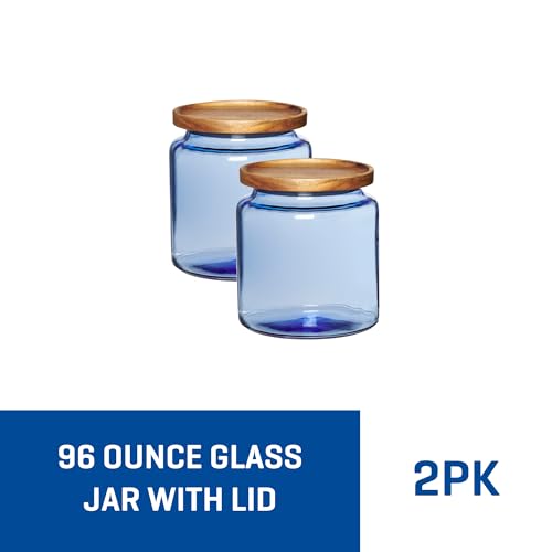 Anchor Hocking Coastal Blue Montana Jar set with lids (2-piece, 96-ounces, acacia wood lid)