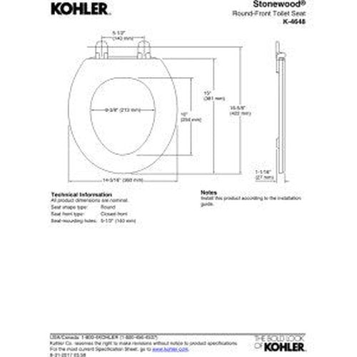 KOHLER 4648-0 Stonewood Round Toilet Seat, Round Wood Seat for Standard Toilets, Comes with Color-Matched Plastic Hinges, Home Essentials, White