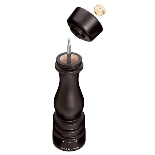 Cole & Mason London Pepper Mill – Refillable Spice Shakers with a Premium Wood Design - Adjustable for Fine to Coarse Seasonings - Uses Carbon Steel Mechanism - Chocolate Wood, 8"
