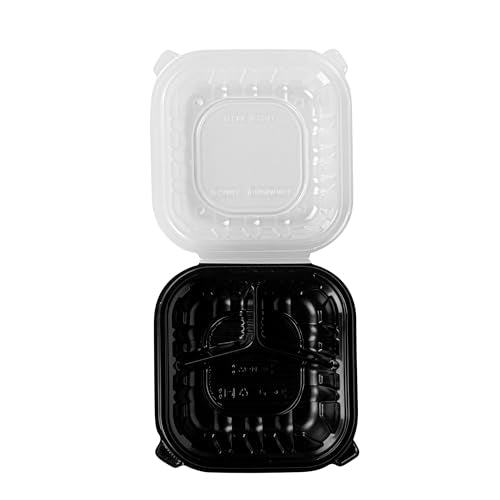 Thermo Tek 34 Ounce Clamshell Containers, 100 Disposable Take Out Boxes - 3 Compartments, Ventilated Lids, Black Plastic Meal Prep Containers, Microwavable, For Pasta Or Salads - Restaurantware