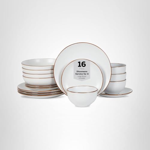 Stone Lain Brasa Modern Stoneware 16 Piece Dinnerware Sets, Plates and bowls Sets, Dish Set for 4, White