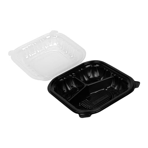 Thermo Tek 34 Ounce Clamshell Containers, 100 Disposable Take Out Boxes - 3 Compartments, Ventilated Lids, Black Plastic Meal Prep Containers, Microwavable, For Pasta Or Salads - Restaurantware
