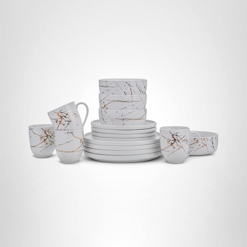 Stone Lain Porcelain 16 Piece Dinnerware set, 4 Full White Gold Splash Sets