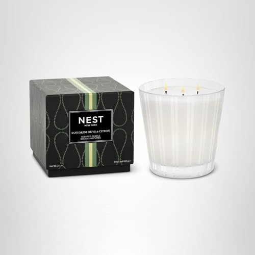 NEST New York Scented 3-Wick Candle, Santorini Olive & Citron - 21.2 oz - Up to 100-Hour Burn Time - Reusable Glass Vessel