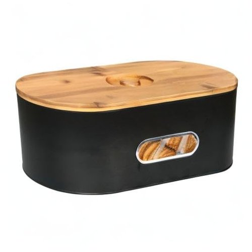 SOTECH Extra Large Bread Box Metal Bread Bin with Bamboo Lid&Window Modern Food Storage Container for Kitchen Counter Kitchen Decor Organizer Farmhouse Black (Black box with 3jars)