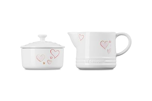 Le Creuset Mon Coeur Collection Stoneware Signature Cream And Sugar Set, White with Hearts