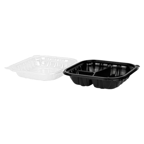 Thermo Tek 34 Ounce Clamshell Containers, 100 Disposable Take Out Boxes - 3 Compartments, Ventilated Lids, Black Plastic Meal Prep Containers, Microwavable, For Pasta Or Salads - Restaurantware