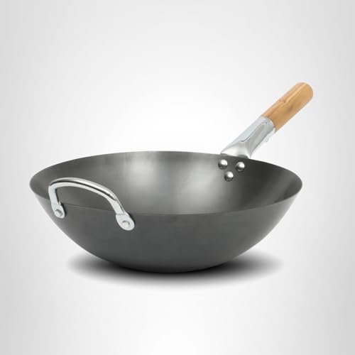 SUR LA TABLE Kitchen Essentials Quick Fire 13.5" Carbon Steel Flat Bottom Wok – Durable Nonstick Stir Fry Pan