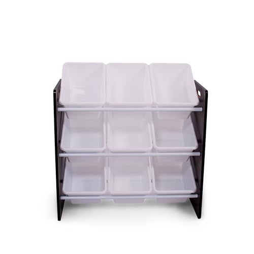 Humble Crew 9-Bin Toy Organizer – Journey Natural Espresso with White Plastic Bins, 3-Tier Storage Solution for Kids' Playrooms and Nurseries