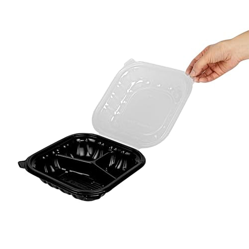Thermo Tek 34 Ounce Clamshell Containers, 100 Disposable Take Out Boxes - 3 Compartments, Ventilated Lids, Black Plastic Meal Prep Containers, Microwavable, For Pasta Or Salads - Restaurantware