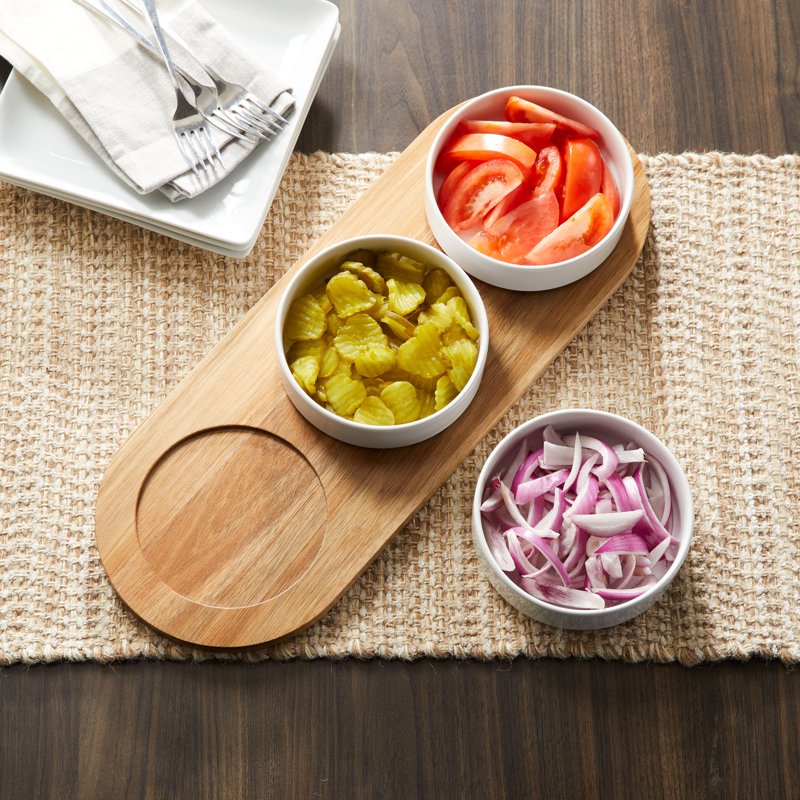 Acacia Wood Tray with Stoneware Bowls - 4 Pack for Condiments