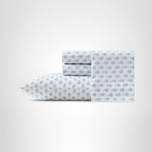 Laura Ashley - Queen Sheet Set, Crisp & Cool Sheets w/a Naturally Smooth Cotton Percale Feel, Deep Pocket, Bed Sheets with Matching Pillowcases & Fitted Sheet (Francesca Blue)