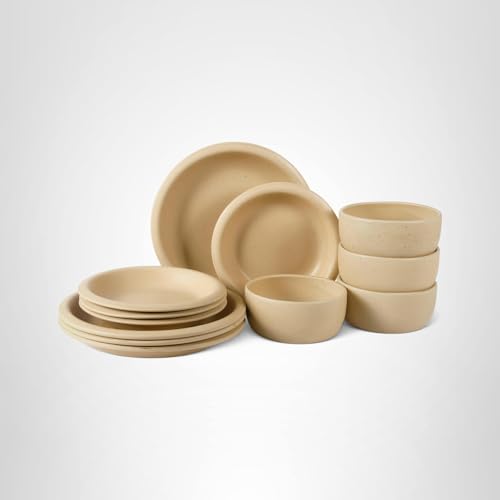 Bloomhouse - Two Time Oprah's Favorite Things Winner - Corsica Clay 12 Piece Stoneware Rustic Reactive Glaze Dinnerware Set - Stackable Plates Bowls Set. Service for 4 - Matte Finish Cappuccino Cream
