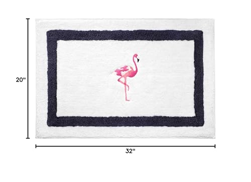 Izod - Bath Mat, Cotton Bath Rug with Navy Border, Non-Skid Latex Backing, Embroidered Bath Decor (Flamingo Collection, 20" x 32")
