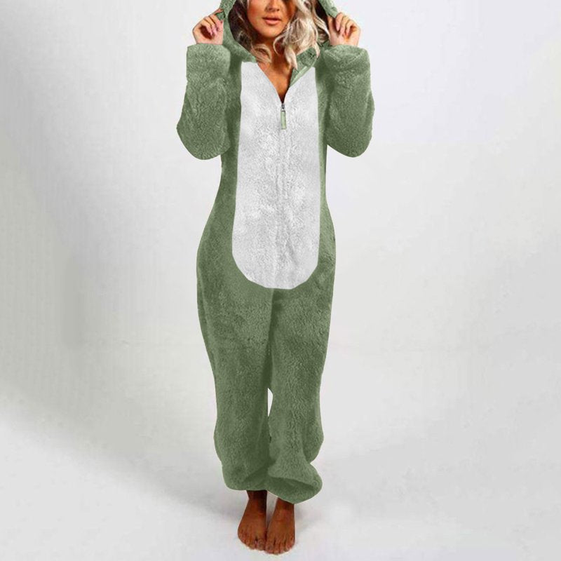 Women's Fleece Pajama Jumpsuit with Ear Hood - Army Green XXL