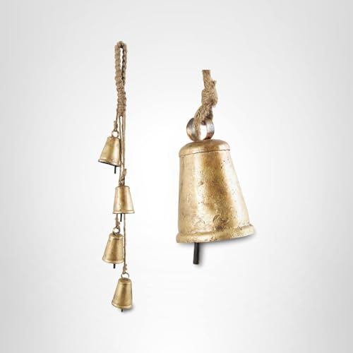 Deco 79 Metal Indoor Outdoor Decorative Cow Bells Tibetan Inspired Cascading Meditation Bell with 4 Bells on Jute Hanging Rope, Cow Bell 3" x 3" x 27", Gold