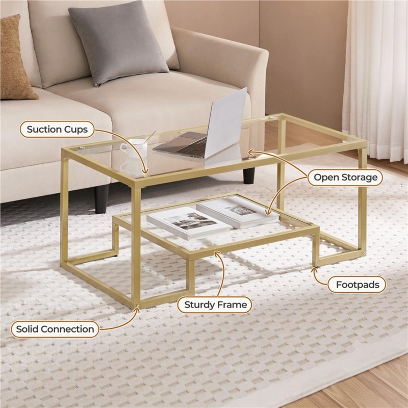 Modern Tempered Glass Iron Coffee Table - 2-Layer Design