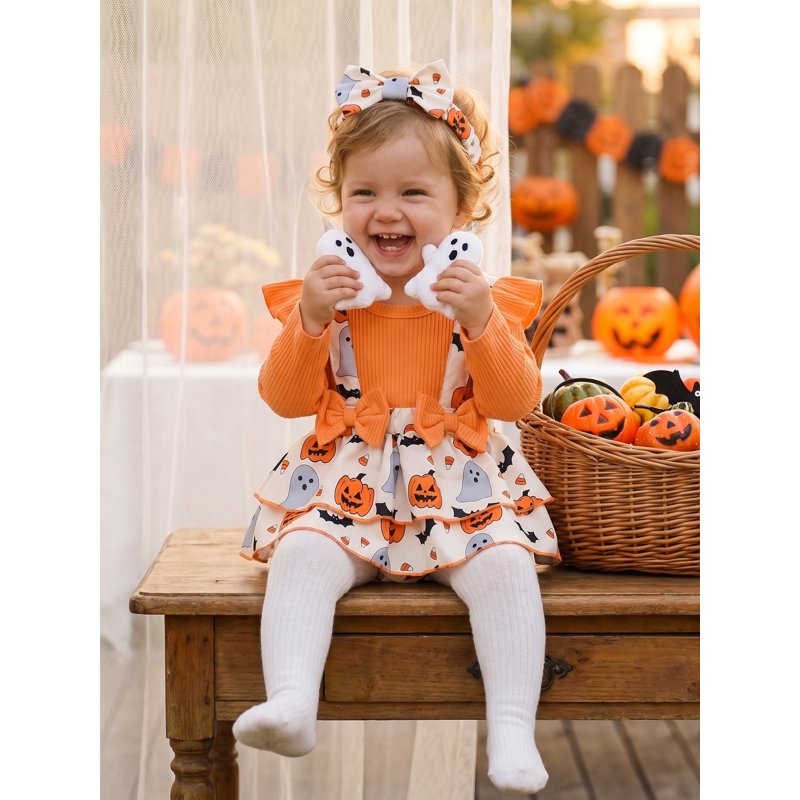 Baby Girl Halloween Bodysuit Set with Pumpkin Ghost Print & Headband - 0-3 Months Orange