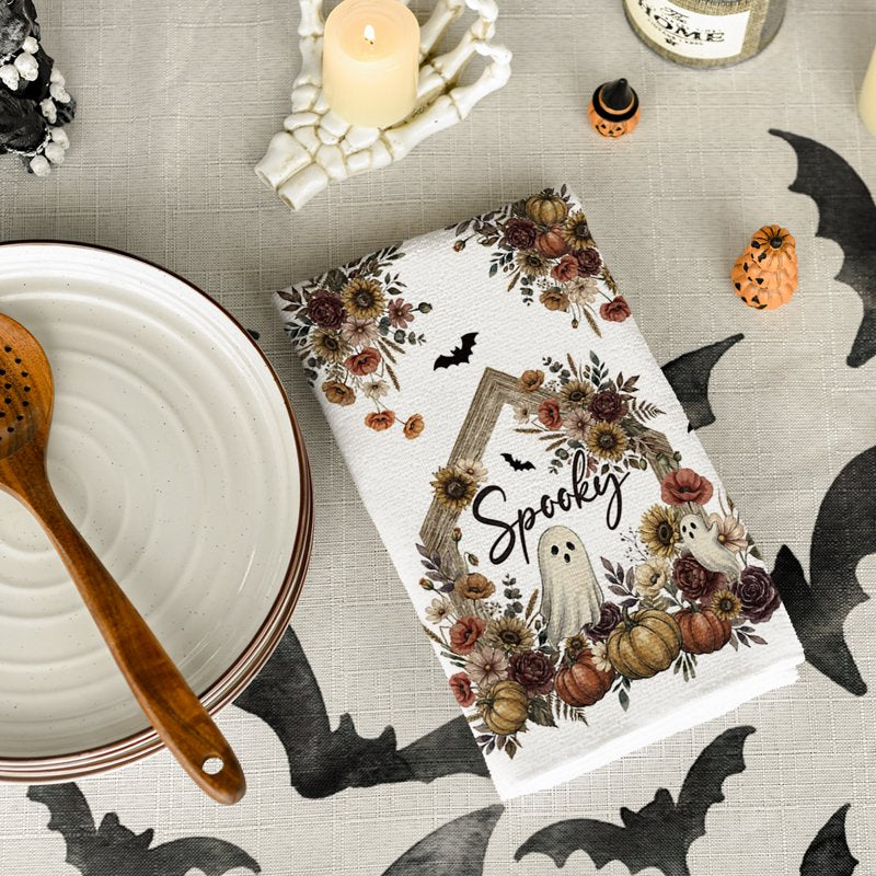 Ghost Pumpkin Eucalyptus Halloween Dish Towels Set of 2 - 18x26 Inch Seasonal Hand Towels