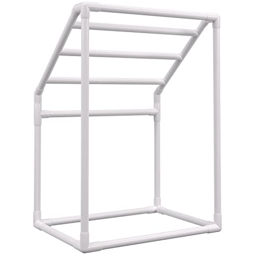 VEVOR Pool Towel Rack, 5 Bar, White, Freestanding Outdoor PVC Trapedozal Poolside Storage Organizer, Include 8 Towel Clips, Mesh Bag, Hook, Also Stores Floats and Paddles, for Beach, Swimming Pool