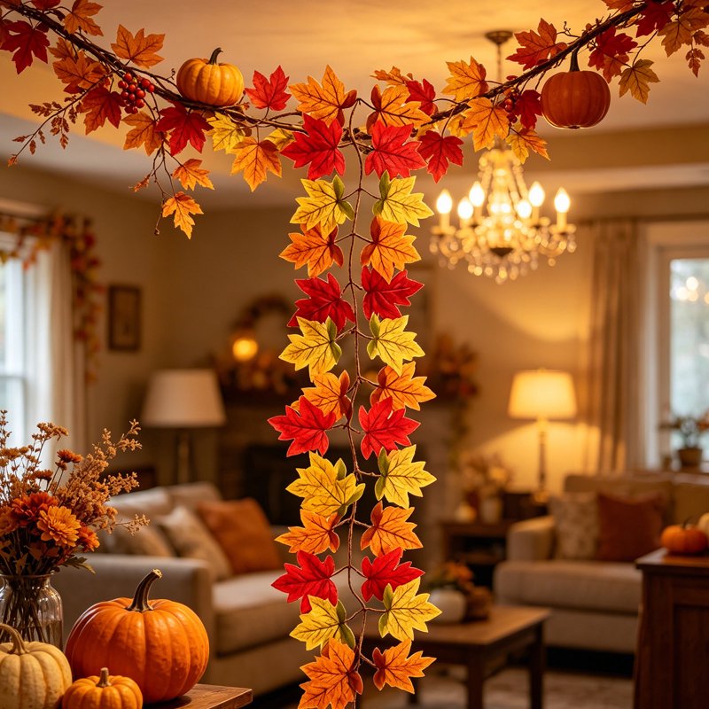 Thanksgiving Fall Maple Garland with Pumpkin Picks - 40in Artificial Leaf Vine, Autumn Decor for Fireplace & Porch - Orange V