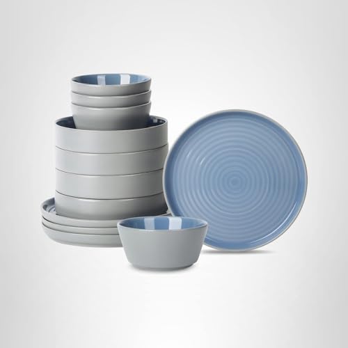 Stone Lain Elica 12-Piece Modern Dinnerware Set Stoneware, Plates and Bowl Sets for 4, Blue and Grey