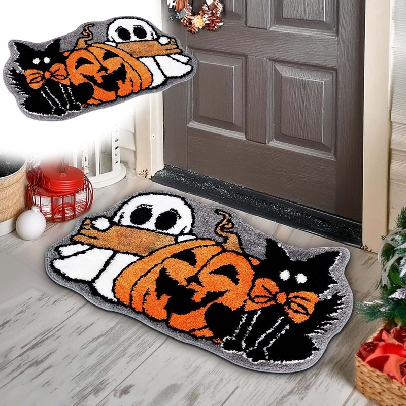 Halloween Door Mat 24x16 Inch Ghost Bath Rug - Grey, Non Slip, Plush, Spooky Decor
