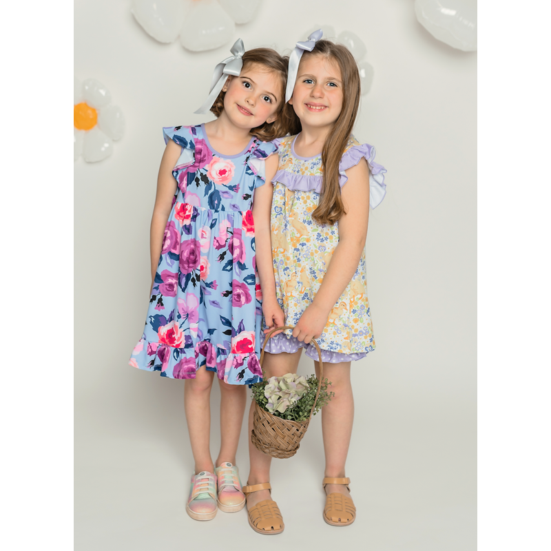 Girls Periwinkle Rose Angel Sleeve Dress & Shorts Set - Size 3T-12 Plus