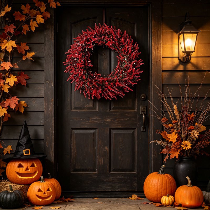 Vibrant Red Wheat Wreath for Front Door Fall Decor - Halloween & Thanksgiving