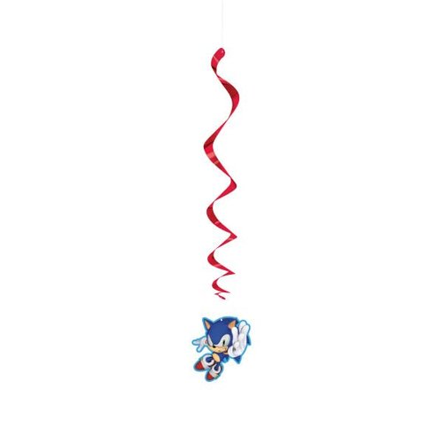 Sonic Birthday Party Supplies Bundle includes 1 Happy Birthday Paper Banner 6.25ft, 3 Hanging Swirl Decorations, 1 Dinosaur Sticker Sheet
