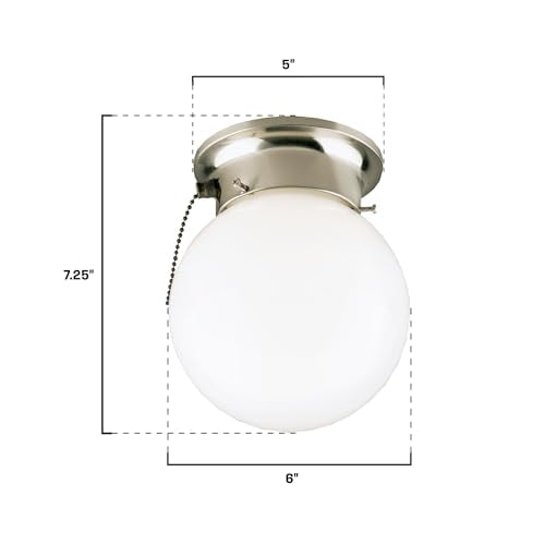 Westinghouse 6720800 One-Light Flush-Mount Interior Ceiling Fixture with Pull Chain, Brushed Nickel Finish with White Glass Globe,