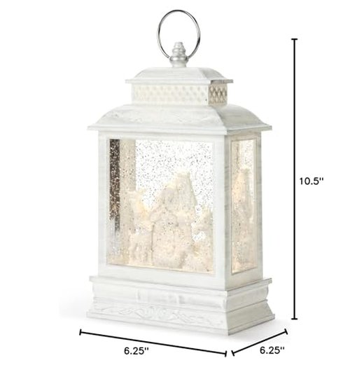 DEMDACO Distressed White Nativity LED 10 x 6.25 Acrylic Musical Snow Globe Christmas Lantern Plays Silent Night Away in A Manger