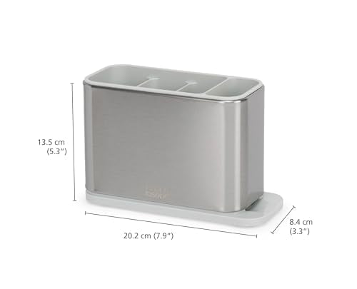 Joseph Joseph Surface Kitchen Sink Silverware Drainer, Utensil Cutlery and Kitchen Gadgets Holder with Draining Base, Stainless Steel, Gray