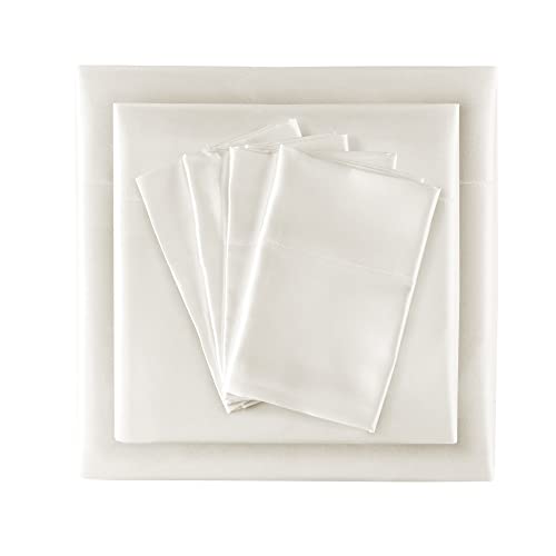 Madison Park Essentials Satin Sheet Set Luxury and Silky with Natural Sheen, Elastic 14" Pocket fits up to 16" Mattress, All Around Elastic - Year-Round Bedding, Full, Ivory, 6 Piece