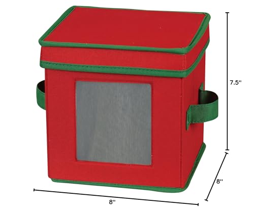 Household Essentials 530RED Holiday China Storage Chest with Lid and Handles | Storage Bin for Small Saucer Plates | Red Canvas with Green Trim