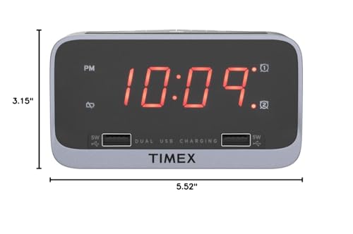 Timex Bedside Alarm Clock with Dual USB Charging, Dual Alarm, Nightlight, Snooze bar, and Battery Backup (T1300)