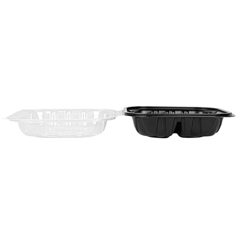 Thermo Tek 34 Ounce Clamshell Containers, 100 Disposable Take Out Boxes - 3 Compartments, Ventilated Lids, Black Plastic Meal Prep Containers, Microwavable, For Pasta Or Salads - Restaurantware