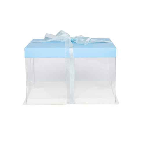 Restaurantware-Sweet Vision 10 Inch x 8.25 Inch Transparent Cake Boxes, 10 Grease Resistant Base Clear Cake Boxes - Blue Lid, Blue Ribbon, Plastic Birthday Box, For Weddings Or Birthdays