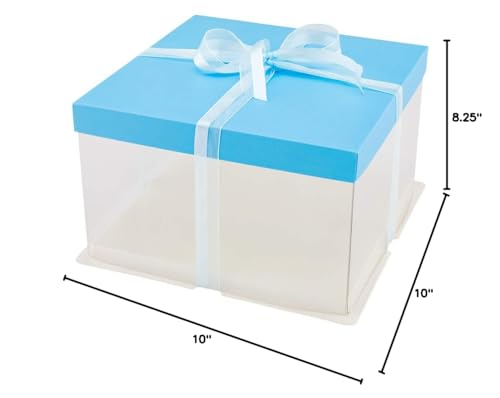 Restaurantware-Sweet Vision 10 Inch x 8.25 Inch Transparent Cake Boxes, 10 Grease Resistant Base Clear Cake Boxes - Blue Lid, Blue Ribbon, Plastic Birthday Box, For Weddings Or Birthdays