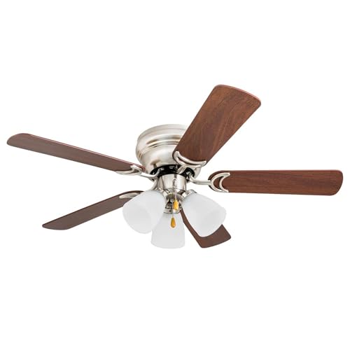 Prominence Home Whitley, 42 Inch Traditional Flush Mount Indoor LED Ceiling Fan with Light, Pull Chain, 5 Dual Finish Blades, Reversible Motor - 50863-01 (Satin Nickel), Bright Brass