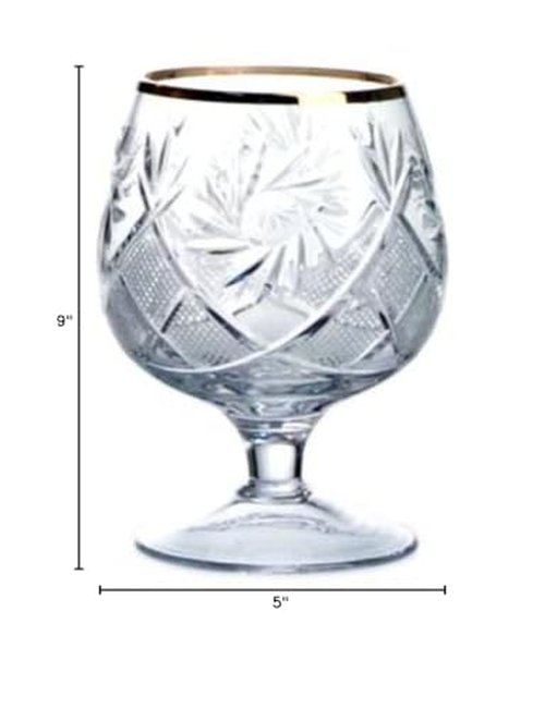 SET of 6 Russian Cut Crystal Cognac Scotch Whiskey Stemmed Snifter Goblet Glass, 24K Gold Rimmed 5 Oz. Vodka Liquor Old-fashioned Glassware Hand Made