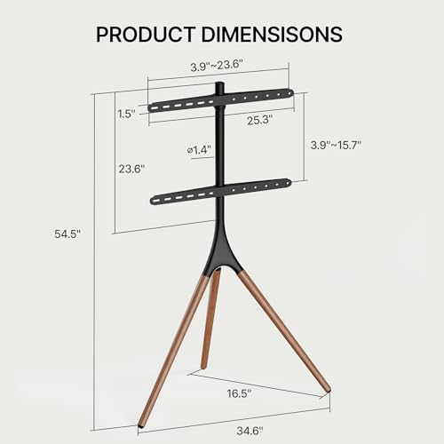 ECOTINY Artistic Easel TV Stand for 43-65 Inch TVs, 180° Swivel Tripod TV Stand up to 88 lbs, Floor TV Mount with Cable Management for Bedroom, Living Room and Corner, Max VESA 600 x 400mm
