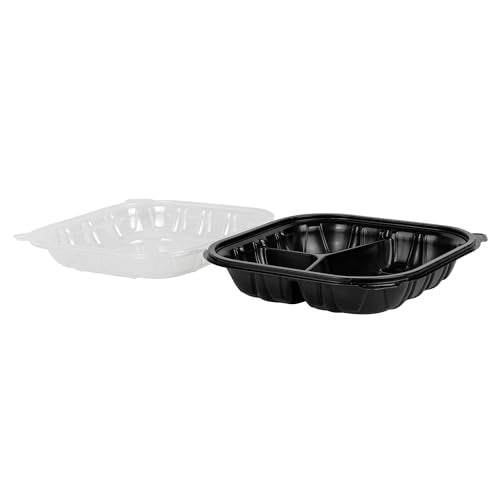 Thermo Tek 40 Ounce Clamshell Containers, 50 Disposable Take Out Boxes - 3 Compartments, Ventilated Lids, Black Plastic Meal Prep Containers, Microwavable, For Pasta Or Salads - Restaurantware