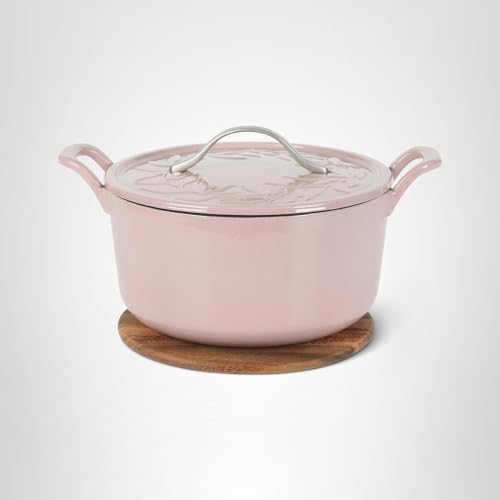 Bloomhouse 7 Qt Cast Iron Dutch Oven W/Embossed Lid, European Enamel, & Walnut Wood Trivet - Orchid Pink