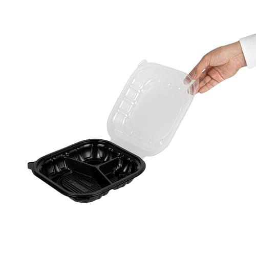 Thermo Tek 40 Ounce Clamshell Containers, 50 Disposable Take Out Boxes - 3 Compartments, Ventilated Lids, Black Plastic Meal Prep Containers, Microwavable, For Pasta Or Salads - Restaurantware