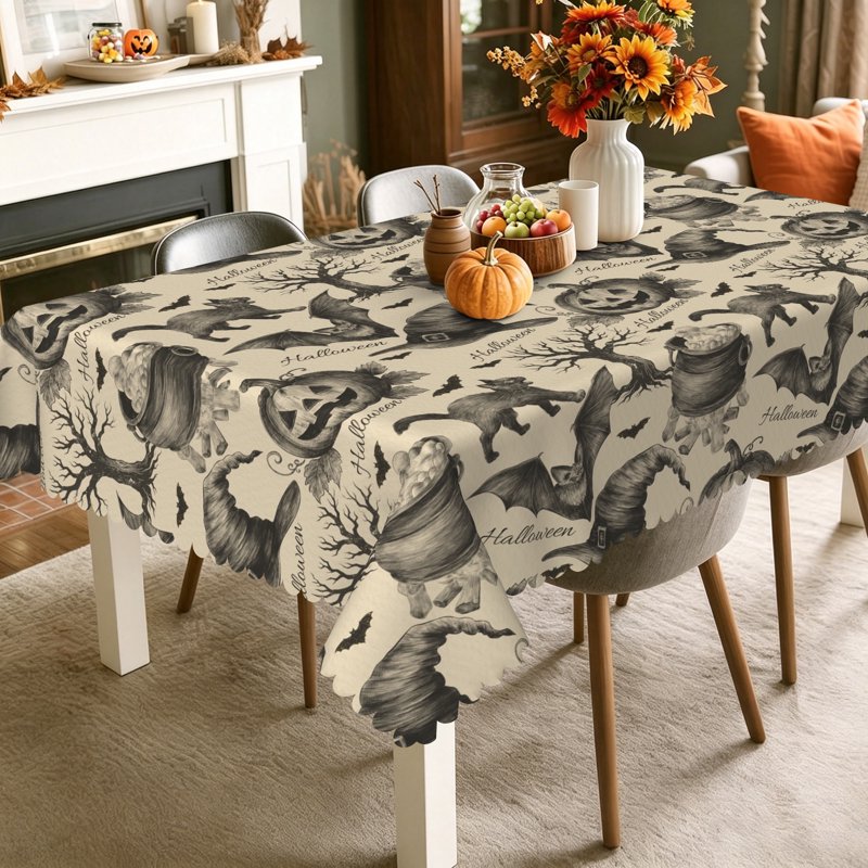 Halloween Tablecloth 60x84 Witch Hat Bat Holiday Kitchen Decor