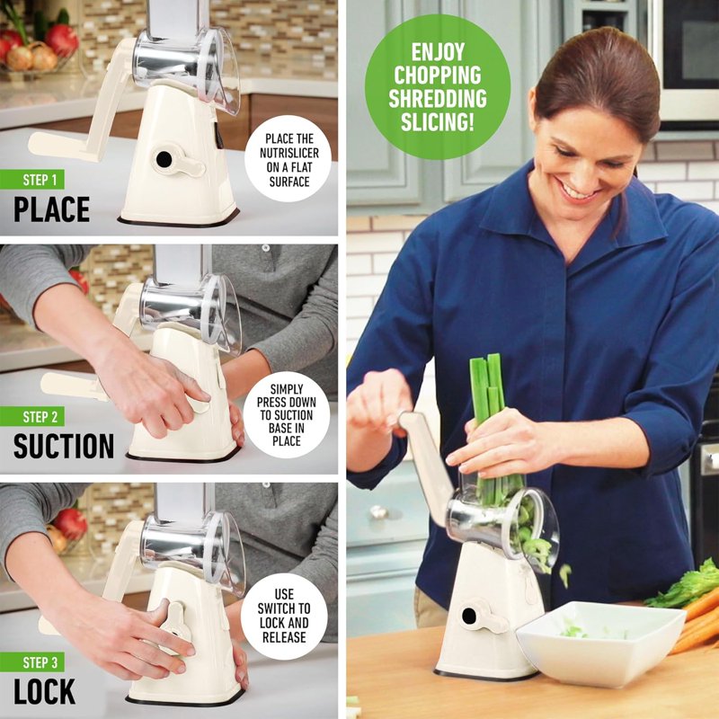 Rotary Cheese Grater with 3 Blades and Suction Cup Base - Cream